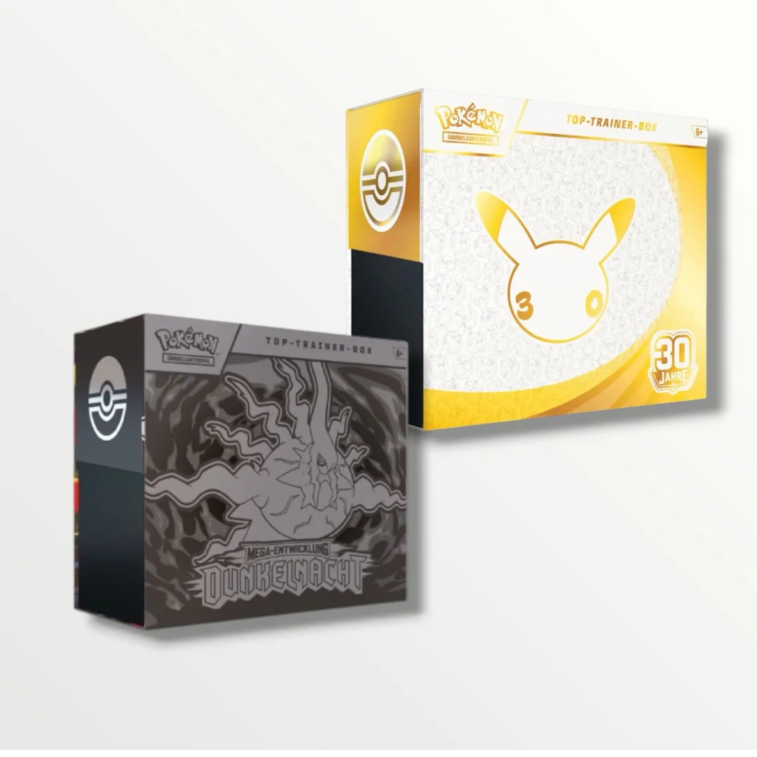 Pokémon Top-Trainer-Box Bundle: 30 Jahre + Mega-Entwicklung – Dunkelnacht (Deutsch) Pikaversum